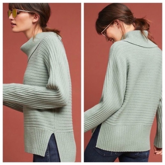 Anthropologie Moth Ribbed Turtleneck Knit Green Sweater - Picture 3 of 13